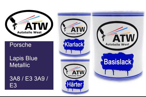 Porsche, Lapis Blue Metallic, 3A8 / E3 3A9 / E3: 1L Lackdose + 1L Klarlack + 500ml Härter - Set, von ATW Autoteile West.